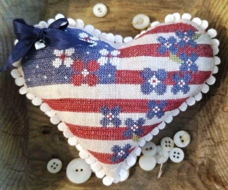 Samplers Not Forgotten - Patriotic Heart Kit-Samplers Not Forgotten - Patriotic Heart Kit, USA, Patriotic, America, American flag, hearts, flowers, cross stitch, Weeks Dye Works, 