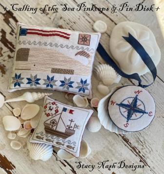 Stacy Nash Primitives - Calling of the Sea Pinkeeps & Pin Disk-Stacy Nash Primitives - Calling of the Sea Pinkeeps  Pin Disk, ocean, whale, ship, compass, sea, marine, American flag, cross stitch 