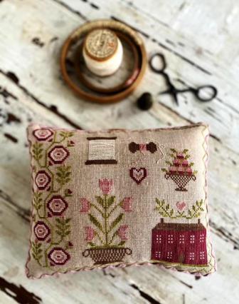 Stacy Nash Primitives - Pretty in Pink Pinkeep-Stacy Nash Primitives - Pretty in Pink Pinkeep, threads, spool, cross stitch, pin cushion, 