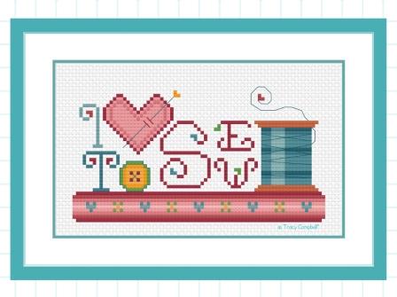Tracy Campbell Designs - I Love to Sew-Tracy Campbell Designs - I Love to Sew, stitching, sewing, sewing machine, hobbies, crafts, spool, thread, needle, heart, cross stitch
