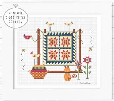 Tracy Campbell Designs - A Quilter's Garden Laundry Party-Tracy Campbell Designs - A Quilters Garden Laundry Party, quilts, wash day, blankets, quilting, cross stitch, clothes line, laundry basket, kitty, birds, 