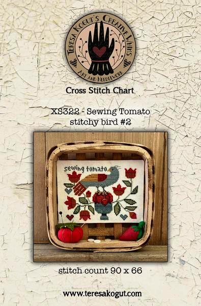 Teresa Kogut - Sewing Tomato Stitchy Bird #2-Teresa Kogut - Sewing Tomato Stitchy Bird 2, pin cushion, tomato, bird, flowers, pins, needles, cross stitch
