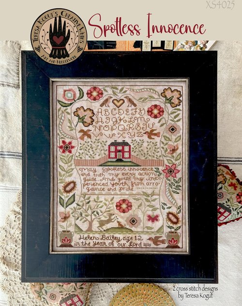 Teresa Kogut - Spotless Innocence-Teresa Kogut - Spotless Innocence, floral heart, house, sampler, flowers, pillow, cross stitch 