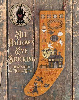 Teresa Kogut - All Hallow's Eve Stocking-Teresa Kogut - All Hallows Eve Stocking, haunted house, ghosts, black cat, crows, bats stocking, cross stitch