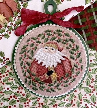 Teresa Kogut - Santa Wreath Ornament-Teresa Kogut - Santa Wreath Ornament, Santa Claus, Christmas, Christmas tree, ivy, cross stitch