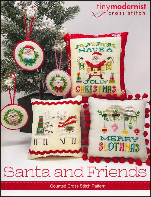 Tiny Modernist - Santa and Friends-Tiny Modernist - Santa and Friends, Santa Claus, Llama, sloth, pillows, ornaments, cross stitch, Christmas 