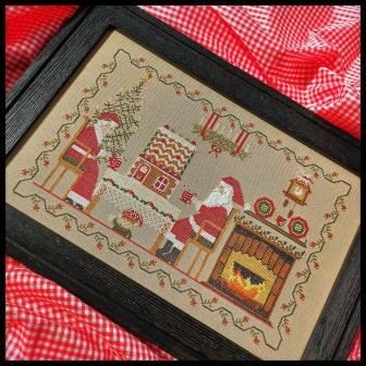 Twin Peak Primitives - Christmas Morning at Santa's Kitchen-Twin Peak Primitives - Christmas Morning at Santas Kitchen, Mrs. Claus, Santa Claus, gingerbread house, hot cocoa, elf, fireplace, Christmas tree, cross stitch 