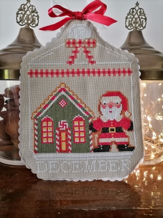 Twin Peak Primitives - A Year of Cookie Jars 12 - December-Twin Peak Primitives - A Year of Cookie Jars 12 - December, Santa Claus, Christmas, Gingerbread house, peppermint sticks, cookies, cross stitch 