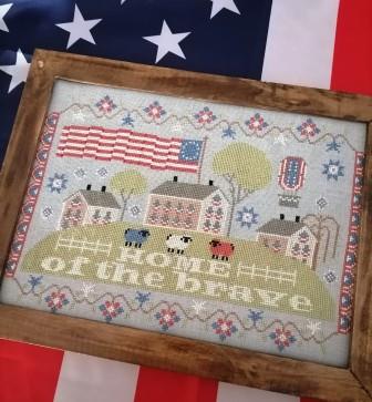 Twin Peak Primitives - Home of the Brave-Twin Peak Primitives - Home of the Brave, protect, America, USA, serve, sheep, farm, willow tree, hot air balloon, cross stitch