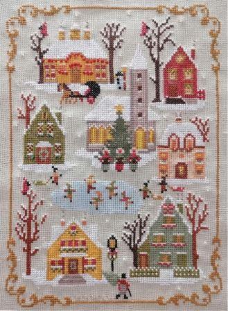 Twin Peak Primitives - The Day Before Christmas-Twin Peak Primitives - The Day Before Christmas, village, Christmas Eve, snow, Christmas tree, ice skating, pond, family, cross stitch