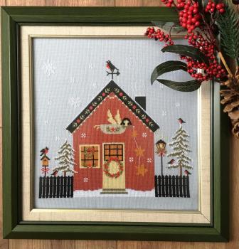 Twin Peak Primitives - Red Christmas House-Twin Peak Primitives - Red Christmas House, angel, stars, country, cardinal, cross stitch 
