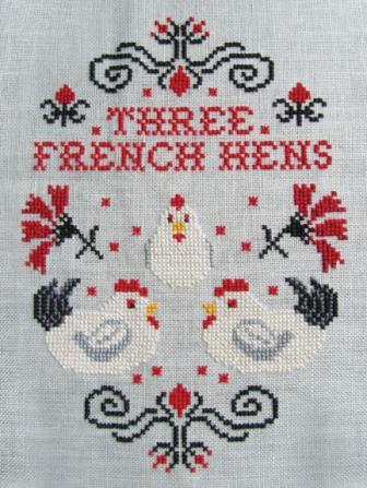 Cottage Garden Samplings - 12 Days of Christmas - #03 -Three French Hens-Cottage Garden Samplings - 12 Days of Christmas - 03 -Three French Hens, birds, Christmas songs, chickens, red flowers, Cross Stitch Pattern