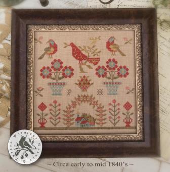 With Thy Needle & Thread - Red Bird Sampler-With Thy Needle  Thread - Red Bird Sampler, urns, flower pots, antique, 1840s, cross stitch 