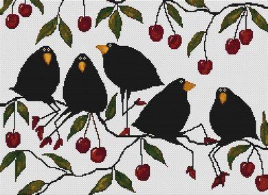 White Willow Stitching - Lunch Break-White Willow Stitching - Lunch Break, crows, berries, food, birds, cross stitch