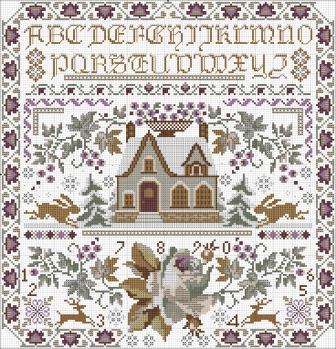 Twin Peak Primitives - Winter Rose Sampler-Twin Peak Primitives - Winter Rose Sampler, flowers, alphabet, house, deer, rabbit, snow, 