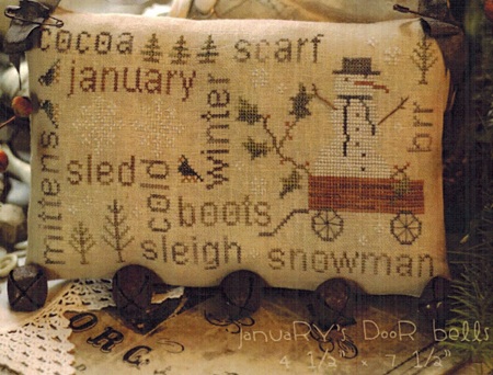 With Thy Needle & Thread - Word Play 01 January-With Thy Needle  Thread - Word Play 01 January, winter, wagon, snowman, trees, cross stitch
