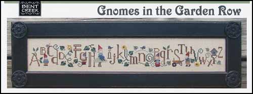 Bent Creek - Gnomes in the Garden Row-Bent Creek, Gnomes in the Garden Row, gardening, wagons, bird house, flowers, sampler, alphabet, birds, Cross Stitch Pattern 
