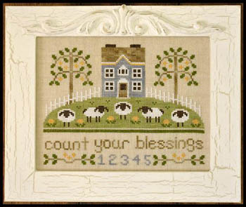 Country Cottage Needleworks - Count Your Blessings-Country Cottage Needleworks, Count Your Blessings, sheep, bible verse, blue house, inspirational, Cross Stitch Pattern