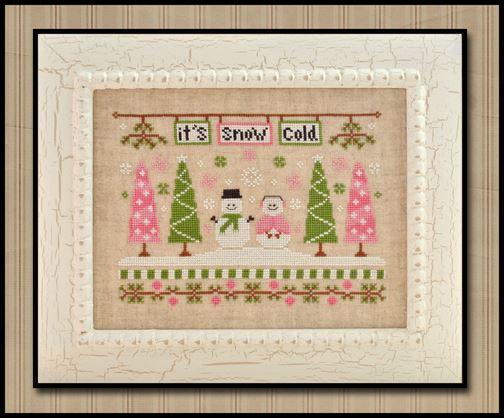 Country Cottage Needleworks - It's Snow Cold-Country Cottage Needleworks, Its Snow Cold, snowman, snow people, couple, snowflakes, Christmas trees,Cross Sttich Pattern