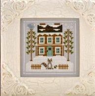 Country Cottage Needleworks - Frosty Forest - Part 1 - Raccoon Cabin-Country Cottage Needleworks, Frosty Forest, Part 1 of 9, Raccoon Cabin, new series, house, trees, winter, snow, Cross Stitch Pattern