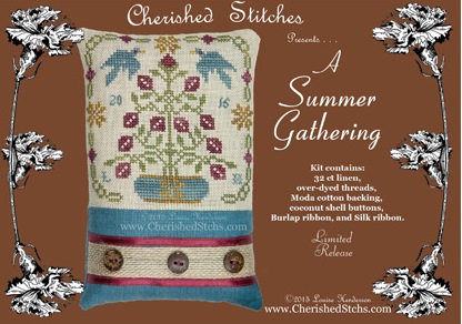 Cherished Stitches - A Summer Gathering-Cherished Stitches, A Summer Gathering, flowers, birds, pin cushion, 