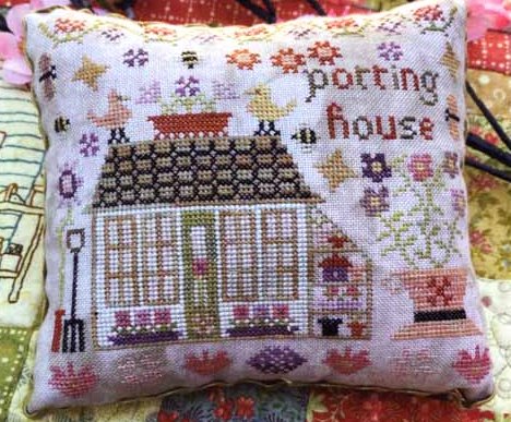 Pansy Patch Quilts and Stitchery - Houses on Wisteria Lane #8 Potting House-Pansy Patch Quilts and Stitchery - Houses on Wisteria Lane 8 Potting House,flowers, garden shed, shovel, birds, cross stitch 