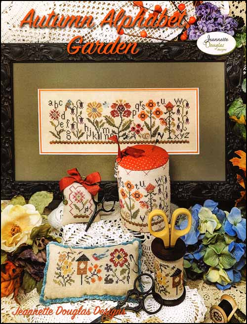 Jeannette Douglas Designs - Autumn Alphabet Garden & Smalls-Jeannette Douglas Designs - Autumn Alphabet Garden  Smalls, fall flowers, bird house, spools, drum, sampler, cross stitch 