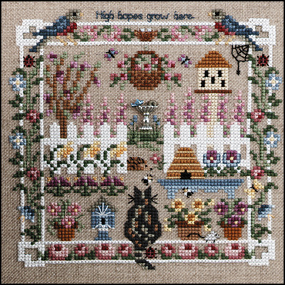 Just Nan - High Hopes-Just Nan - High Hopes, garden, cat, birds, white picket fence, beehive, birdhouse, cross stitch, 