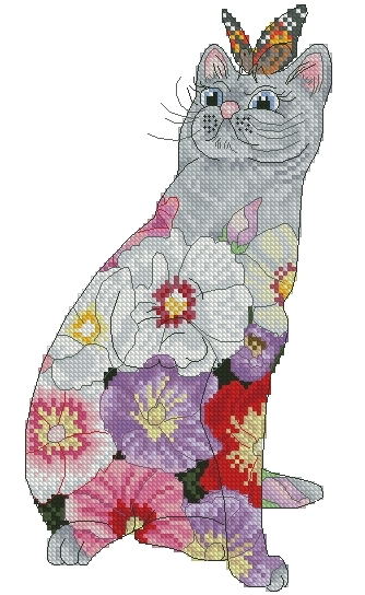 Lena Lawson Needlearts - Flower Cats Collection - Hollyhock Cat - Cross Stitch Chart-Lena Lawson Needlearts, Flower Cats Collection, floral cats, Hollyhock Cat, butterfly, Cross Stitch Chart