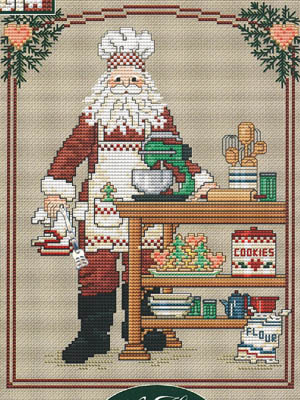 Sue Hillis Designs - Annual Santa - Cookie Santa-Sue Hillis Designs, Cookie Santa, Santa Claus, Christmas cookies, baking, flour, mixer, wooden spoons, cookie cutters, rolling pin, measuring cup, spatula, apron, heart cookies, sugar cookies, Cross Stitch Pattern