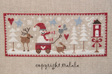 Tralala - Sous la Neige-Tralala, Sous la Neige bleu, snowman, reindeer, trees, winter, house, hearts,  Cross Stitch Chart