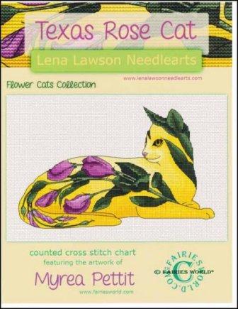 Lena Lawson Needlearts - Flower Cats Collection - Texas Rose Cat - Cross Stitch Pattern-Lena Lawson Needlearts,  Flower Cats Collection, Texas Rose Cat, yellow cat, flowers, Cross Stitch Pattern