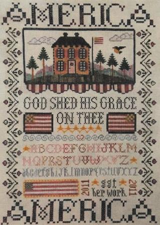 The Sewing Circle - American Sampler I - Cross Stitch Pattern-The Sewing Circle, American Sampler I, American flag, red, white & blue, USA, patriotic, sampler, God shed His grace on thee, house, family, home, Cross Stitch Pattern